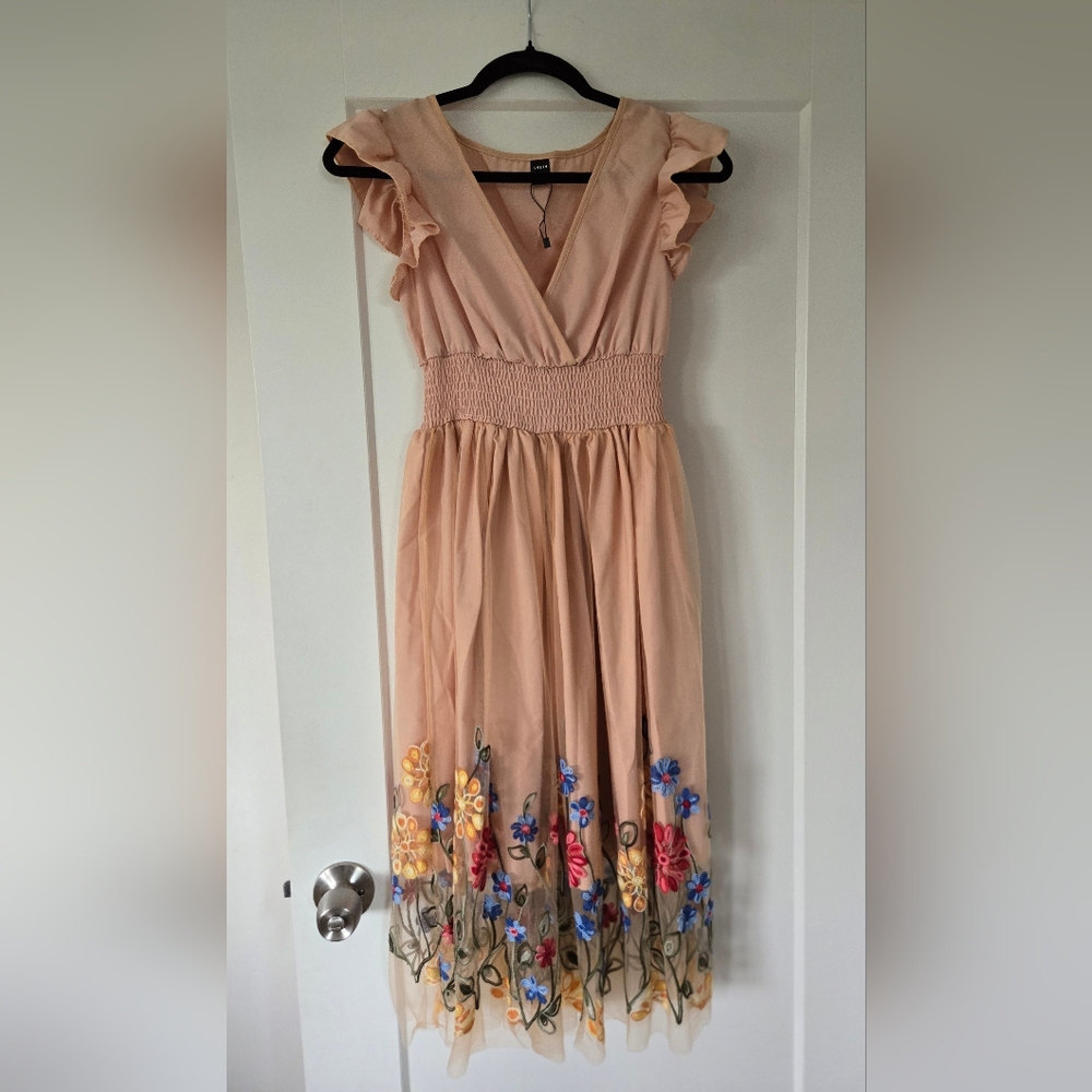 SHEIN Peach Midi Dress with Floral Embroidery